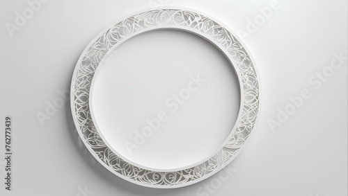 ornated white frame in the shape of circle on white background with copy space, space for text and design