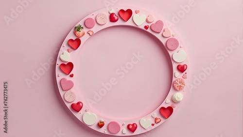 valentine frame of red hearts in the shape of circle on pink background with copy space, space for text and design