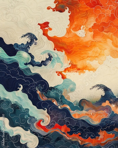 Flowing watercolors depict the Malayu patterns of Indonesia, capturing the rhythmic beauty and timeless tradition. photo