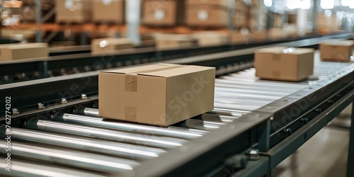 Efficient movement of cardboard boxes on conveyor belt in bustling warehouse fulfillment center. Concept Warehouse Logistics, Efficient Conveyor System, Fulfillment Center Operations