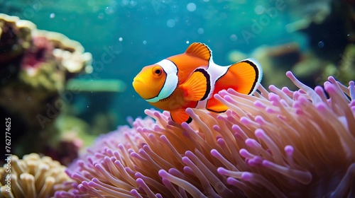A clown fish swimming in the safety of it s anemone home  in Mozambique.