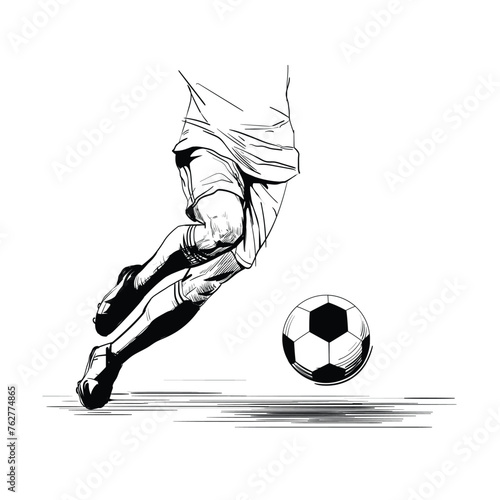 MobileSporty man in a club uniform plays football. The football player's legs hit the ball. Hand drawn vector sketch. Soccer player Black and white silhouette. Lower body in motion, legs running