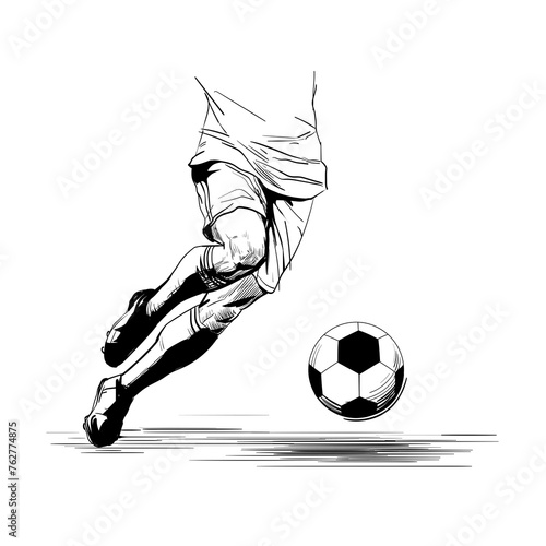 Sporty man in a club uniform plays football. The football player's legs hit the ball. Hand drawn sketch. Soccer player Black and white silhouette. Lower body in motion, legs running