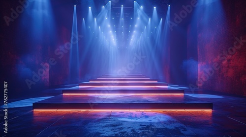 Modern dance stage light background with spotlight illuminated for modern dance production stage. Empty stage with creative lighting. Stage lighting art design. Entertainment show. Generative AI