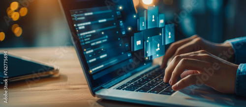  Businessman uses laptop for online document management, surrounded by floating file icons, showcasing technology's role in enhancing efficiency.