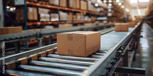 Efficient Automated Ecommerce Fulfillment: Boxes Moving on Conveyor in Warehouse. Concept Warehouse Automation, Ecommerce Fulfillment, Conveyor Systems, Logistics Efficiency, Order Fulfillment