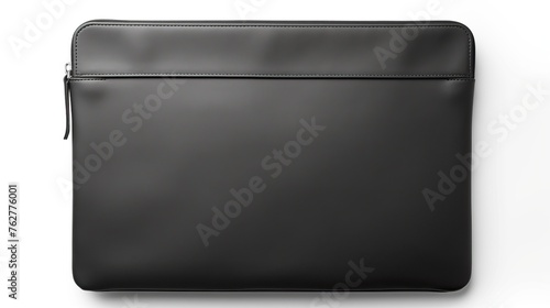 Black Colored Leather Sleeve Bag, Laptop Bag Isolated on White Background Directly Above View, Clipping Path.


