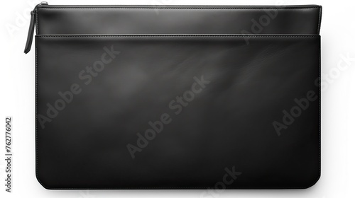 Black Colored Leather Sleeve Bag, Laptop Bag Isolated on White Background Directly Above View, Clipping Path.