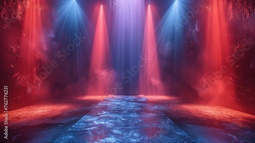 Modern dance stage light background with spotlight illuminated for modern dance production stage. Empty stage with creative lighting. Stage lighting art design. Entertainment show. Generative AI photo
