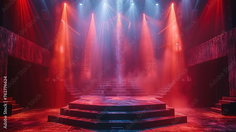 Naklejka premium Modern dance stage light background with spotlight illuminated for modern dance production stage. Empty stage with creative lighting. Stage lighting art design. Entertainment show. Generative AI