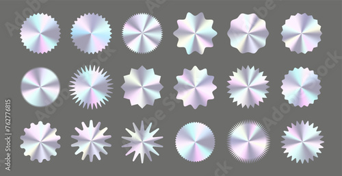Set of realistic mockup hologram stickers, labels, stamps with different shapes. Elements with jagged edges. Vector illustration of silhouette blank for tag, badge, certificate, coupon
