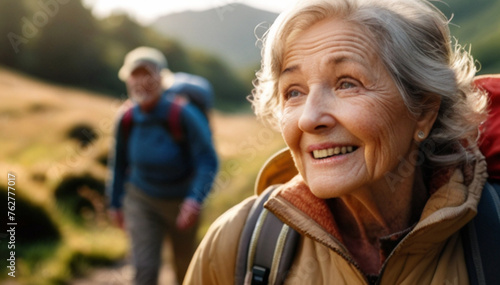 Happy senior woman hiking, spending time outdoors to improve cardiovascular health, boost mood, and reduce stress levels.