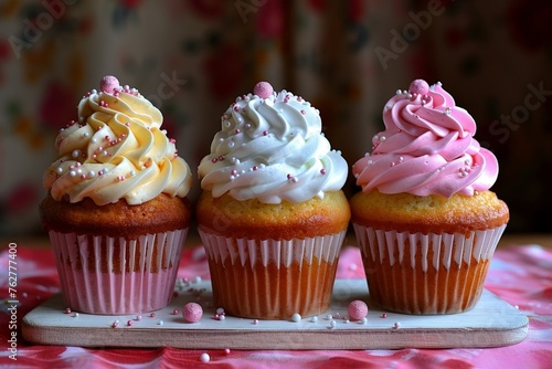 Delicious creamy cakes in p...