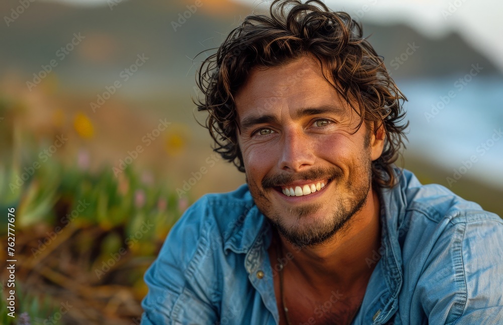 attractive man with curly hair and stubble, wearing casual clothes in an outdoor setting attractive man with curly hair and stubble, wearing casual clothes in an outdoor setting