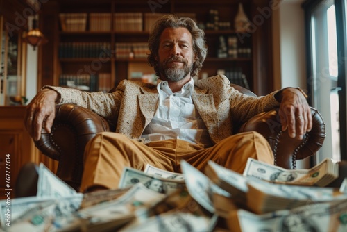 Man surrounded by a lot of cash