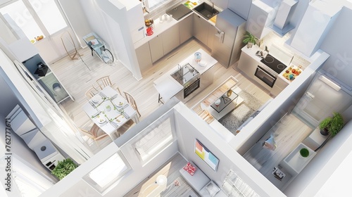 Aerial view of a small apartment with separate kitchen, architecture rendering with lots of details