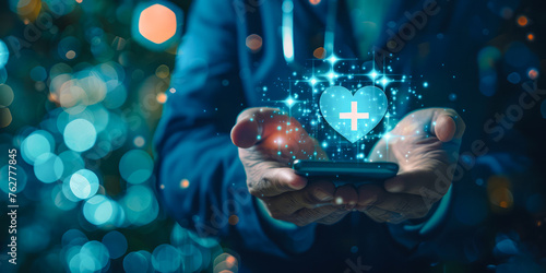 "HEALTHIT Rabat" emblem, a man in a blue suit holds a smartphone displaying a heart hologram, symbolizing advanced hospital check-in or healthcare service, against a backdrop with space for text.