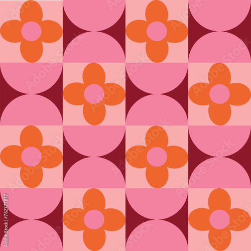 Mid century pink half circles with orange retro flowers on squares seamless pattern. For home décor, wallpaper and wrapping paper