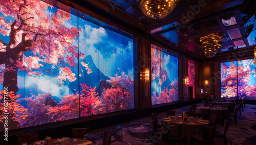 event closed room  all the wall covered by led screen  beautiful landscape on led screen 