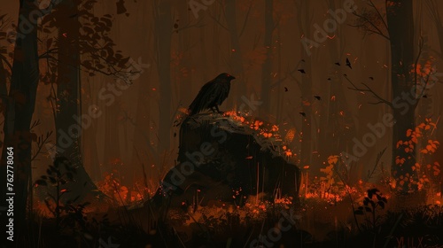 a painting of a black bird sitting on a rock in the middle of a forest filled with yellow and red flowers.