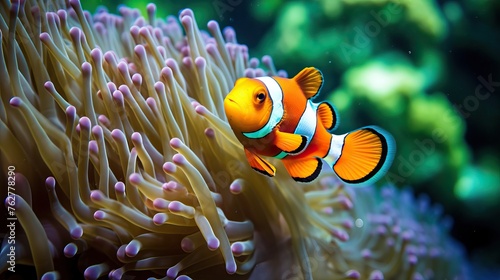 A clown fish swimming in the safety of it's anemone home, in Mozambique.