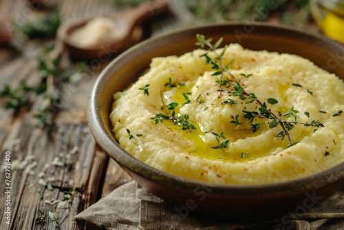 creamy polenta garnished with fresh herbs and a drizzle of olive oil