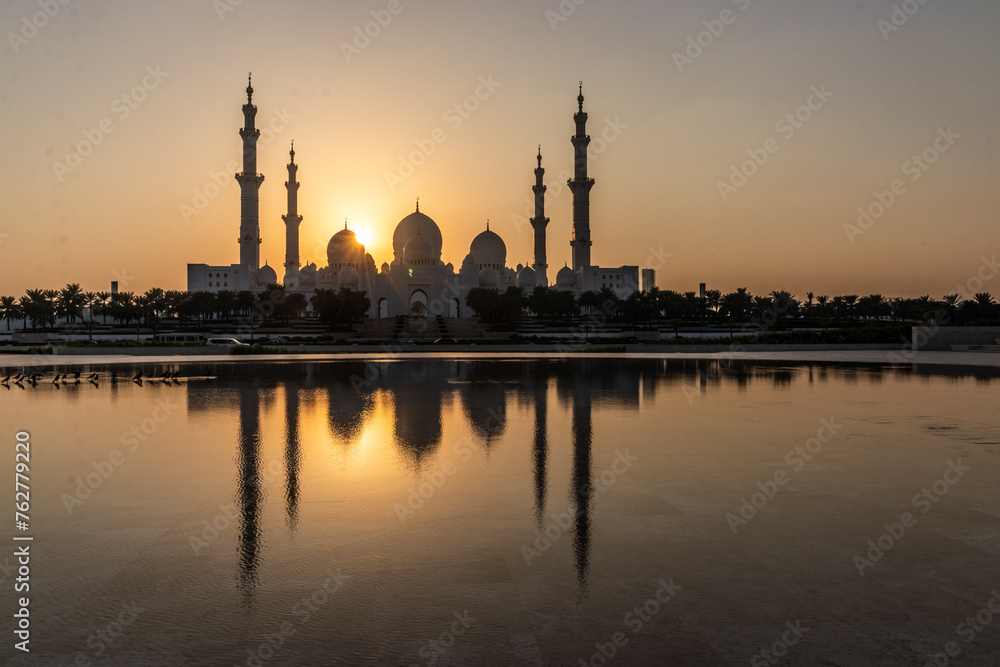 Reflection of Sheikh Zayed Grand Mosque in Abu Dhabi, United Arab Emirates.
