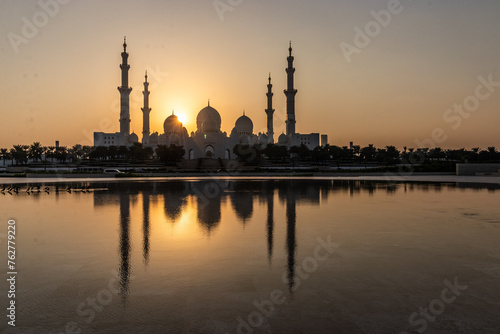 Reflection of Sheikh Zayed Grand Mosque in Abu Dhabi, United Arab Emirates.
