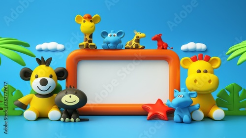 a group of toy animals sitting in front of a picture frame with a blank sign in the middle of the frame. photo
