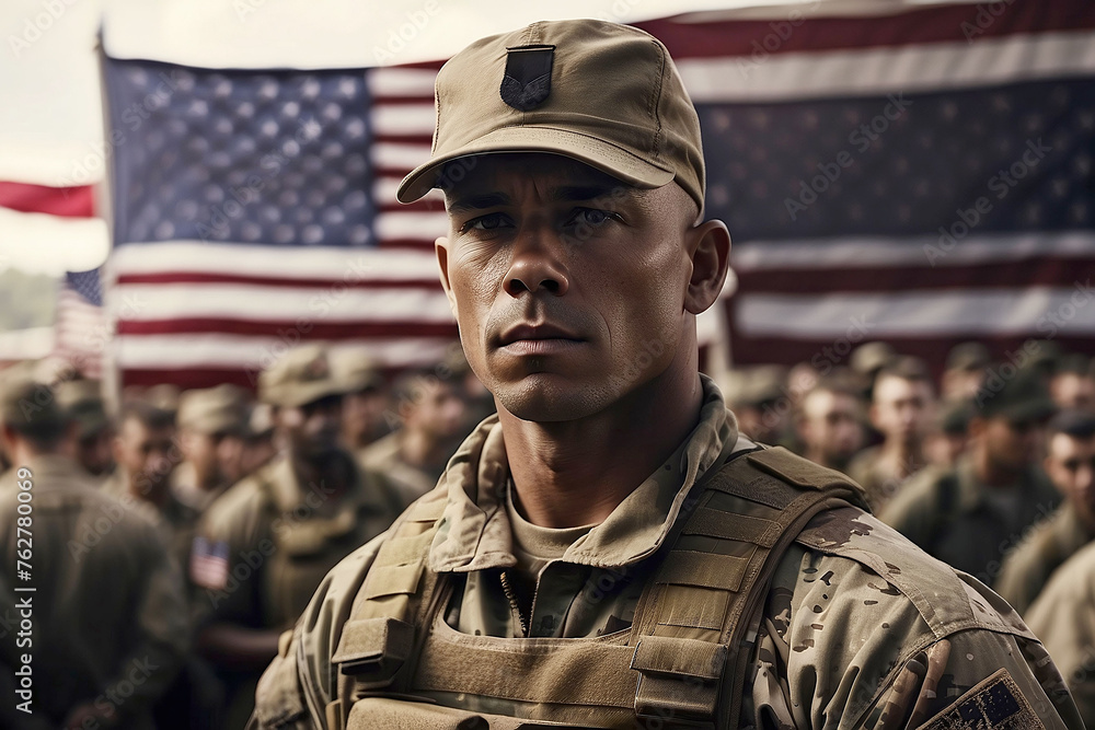 Portrait of a male soldier in uniform against a background of an American flag and a company of soldiers. Memorial Day. Independence Day in America. July 4. Portrait of a male soldier in uniform against a background of an American flag and a company of soldiers. Memorial Day. Independence Day in America. July 4.