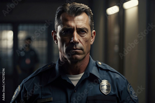 Portrait of an adult male police officer in uniform stands in a police station. A guard in a maximum security prison. Law enforcer