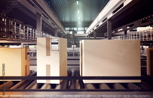 Conveyor belt with boxes. P...