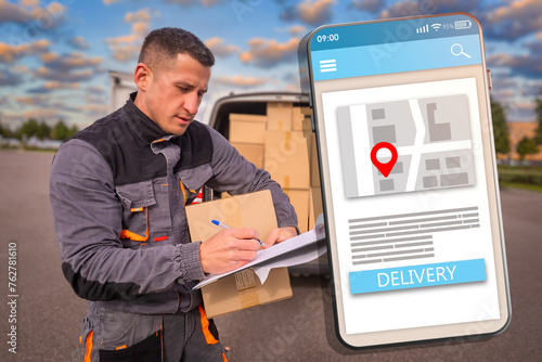 Man courier. Phone with del...