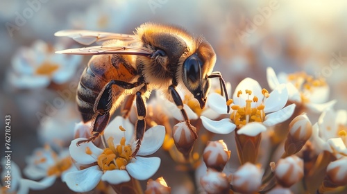 A bumblebee or bee pollinates a flower in spring or summer photo