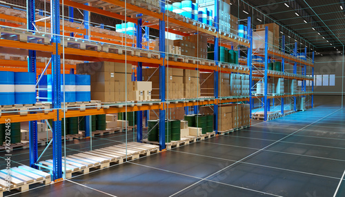 Warehouse manufacturing enterprise. Multi-tiered racks with boxes and pallets. Interior modern warehouse building. Storage area inside industrial enterprise. Warehouse with machine vision. 3d image