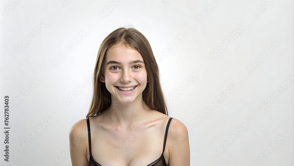 Smiling woman with long black hair in elegant studio portrait Smiling woman with long black hair in elegant studio portrait