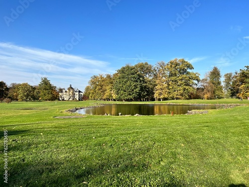 meadow and a small pond in the park of the Kravare castle