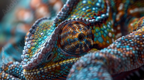 Colorful Chameleon Camouflaged in Natural Habitat Macro Shot.