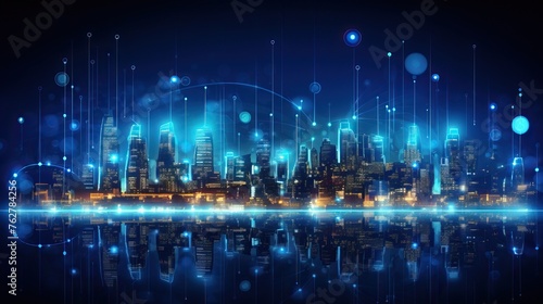 smart city building technology on global. network connection and intelligent city on blue dark background. vector illustration fantastic hi tech. iot digital transformation.internet of things concept. © Tumelo