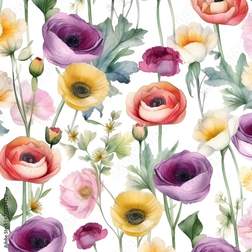 pattern of multicolored wild flowers with ranunculus in style of watercolor painting with white background