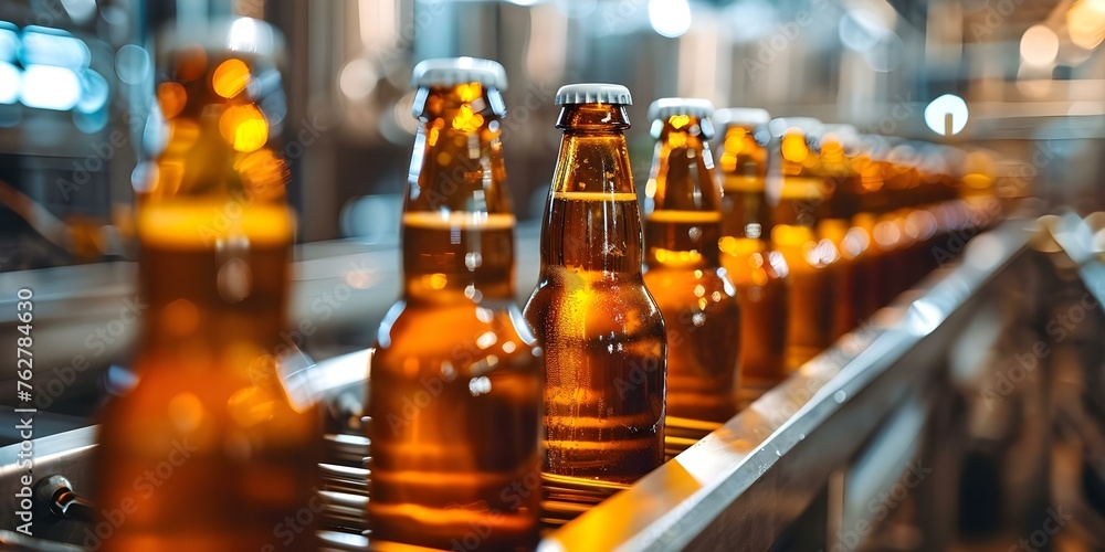 Beer bottles on conveyor belt in brewery factory: A detailed look. Concept Brewery Factory, Beer Bottles, Conveyor Belt, Manufacturing Process, Detailed Examination