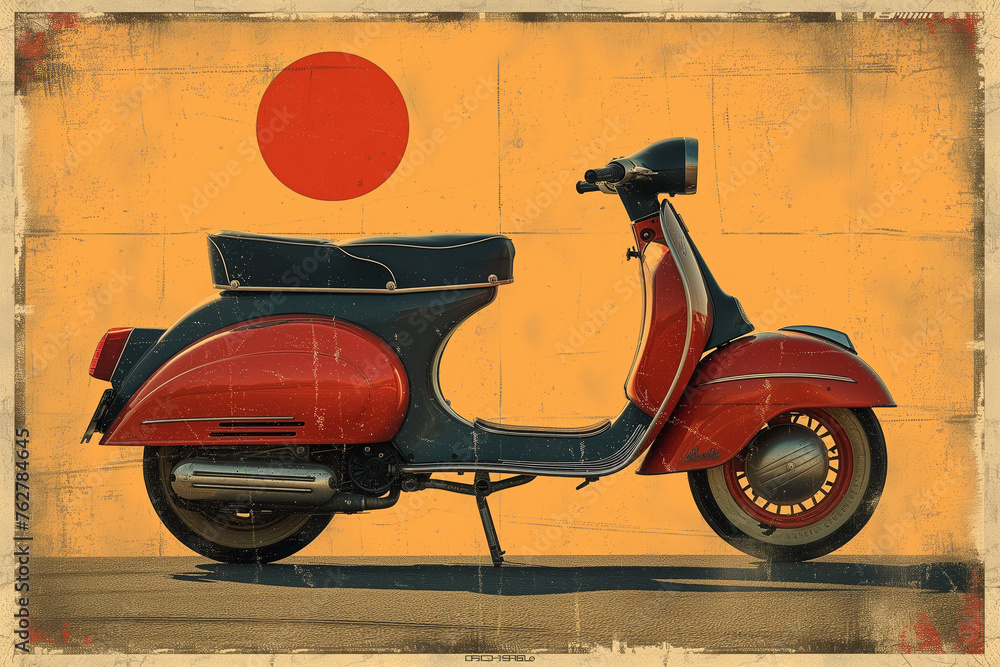 A red vintage scooter stands out against a striped red and yellow wall