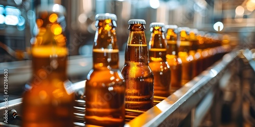 Beer bottles on conveyor belt in brewery factory  A detailed look. Concept Brewery Factory  Beer Bottles  Conveyor Belt  Manufacturing Process  Detailed Examination