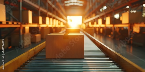 Shipping logistics with cardboard boxes moving along conveyor belt in warehouse. Concept Warehouse Management, Shipping Logistics, Conveyor Belt System, Cardboard Boxes, Supply Chain Operations