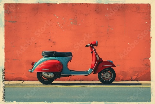 A red vintage scooter stands out against a striped red and yellow wall