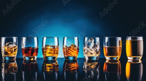 Strong alcohol drinks, hard liquors, spirits and distillates iset in glasses: cognac, scotch, whiskey and other. Blue background, top view.


