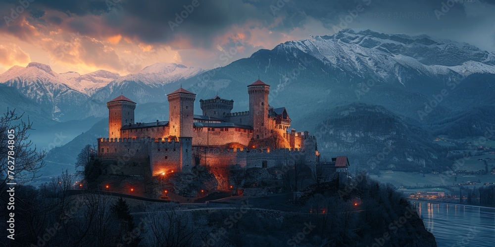Background of Landscape with Old Castle in ghotic style - obrazy, fototapety, plakaty 
