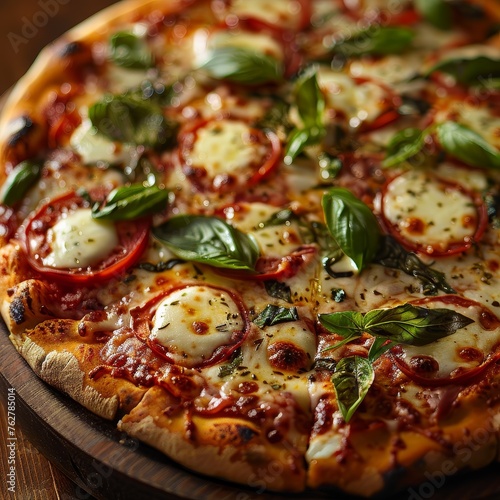 A freshly baked Margherita pizza adorned with melted mozzarella, vibrant tomato sauce, and fresh basil leaves, presented on a wooden surface, invoking the timeless taste of Italy.