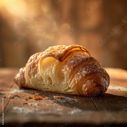 A close-up image capturing the golden layers of a freshly baked croissant on a rustic wooden table, highlighting the pastry's flaky texture and buttery shine.
