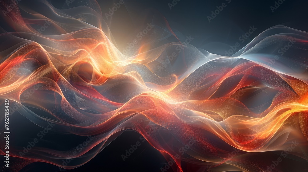 abstract waves with a fiery design and sparkling particles, evoking a sense of warmth and movement, set against a stark black background.